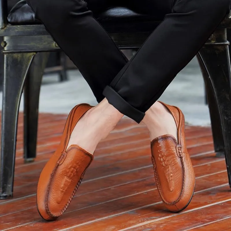 TAYGUM Mens Loafers Shoe Round Toe Solid Color Crocodile Print Leather Loafer Shoes Flat Heel Slip Resistant Comfortable Casual Fashion Slip-ons