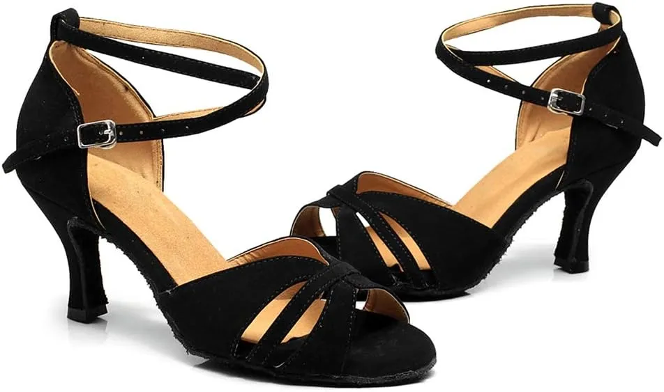 TDA Women's Classic Flared Heel Peep Toe Cut-Out Rumba Samba Salsa Ballroom Modern Latin Dance Shoes