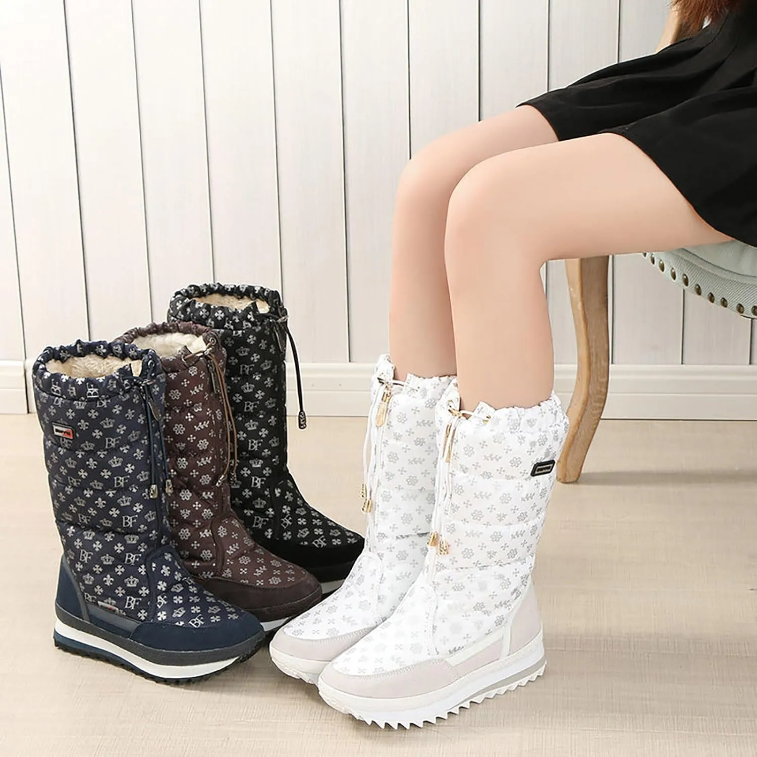 Winter Snow Boots for Women: Black Warm Fur Lined Slip on Ankle Boots Comfortable Waterproof Outdoor Shoes Fur Lined